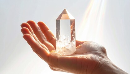 Close Up Of Hand Holding A Clear Quartz Crystal With Sunlight Shining Through The Top In A Bright Overcast Day