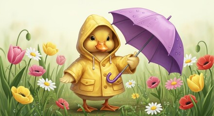 Adorable Duckling in Raincoat with Umbrella in Flower Garden.