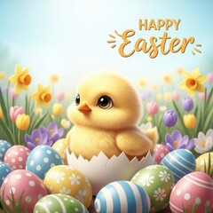 Adorable Easter Chick in Eggshell with Floral Spring Background.