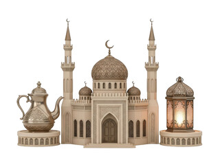 Intricate mosque model with teapot and lantern isolated on transparent background
