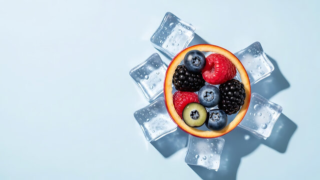Ultra realistic flat lay of slice of multiple fresh berry fruit with clear ice cubes and light water droplets, minimal clean layout