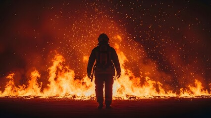 Fototapeta premium Firefighter standing before a massive wall of fire and glowing embers. Emergency response and bravery. Heroic silhouetted figure facing an intense inferno during a rescue mission.