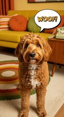 Adorable Goldendoodle Posing Indoors with Woof Speech Bubble.