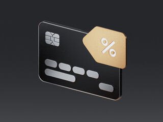3D credit card with discount tag representing loyalty rewards and cashback incentives for ecommerce payments