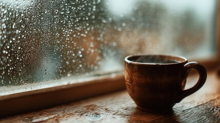 Steaming hot coffee in a rustic mug on a windowsill during rainy weather