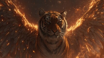 Mythical fire winged tiger spirit flying with glowing particles in dark sky
