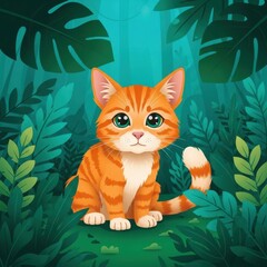 Adorable Orange Tabby Kitten in Lush Green Jungle Illustration.