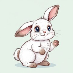 Adorable White Rabbit Illustration with Expressive Eyes and Waving Paw.