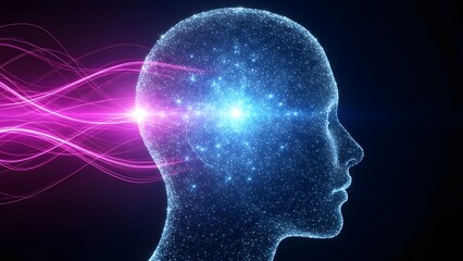 Fototapeta premium Profile of a human head made of glowing digital particles and connection lines. Artificial intelligence and neural networks. Brain activity visualized with light trails and stars.