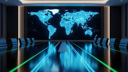 Close-up of a large wall-mounted 4K screen at the end of a meeting table showing a world map with glowing connection points