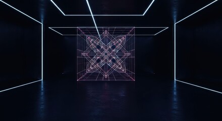 Neon cube, dark room. Symmetry and perspective