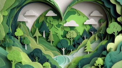 Paper cutout heart shape landscape with lush green trees and river
