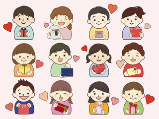 A collection of twelve cheerful cartoon children, both boys and girls, happily holding various wrapped gifts and presents, surrounded by small red hearts on a light pink background.