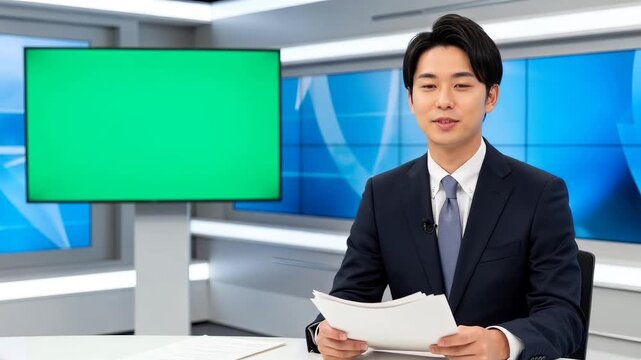 ニュース番組アナウンサー・後ろのモニターはクロマキー合成素材