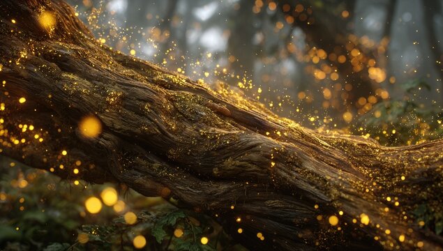 Glistening golden motes float around an ancient, moss-covered tree trunk in a misty forest