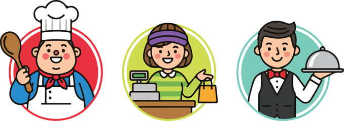 Service Industry Character Set – Chef, Cashier, and Waiter in Circular Icons