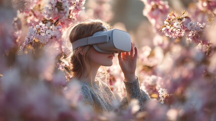 Stock photo of A young woman using VR headset, blooming spring flowers, concept of Tech x Easter / Spring, fresh pastel colors, soft morning sunlight, style of Authentic Imperfecti