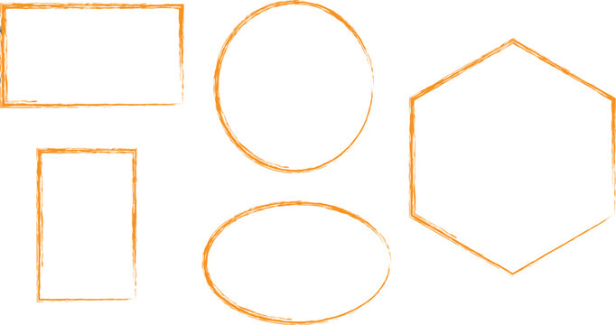 Hand drawn orange geometric shape outlines on white background. Rough sketch rectangles, circles, ovals, and hexagon forms. Minimal doodle shapes for diagrams and design layouts. 