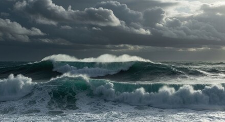 Obraz premium Ocean waves crash under a cloudy sky