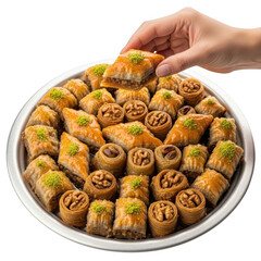 Hand reaching for baklava on a tray isolated on transparent background