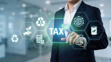 Sustainable tax concept with businessperson pressing virtual tax icon surrounded by eco-friendly symbols,recycling,energy and global economy