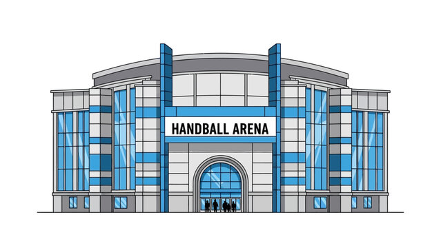 Vibrant Handball Arena with Modern Architectural Design Featuring Large Glass Facades and Entranceways