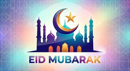 Obraz premium Vibrant illustration depicting a festive Islamic celebration with mosque silhouettes under a luminous crescent moon and star, perfect for holiday greetings and cultural designs