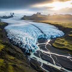 Aerial View of Glacier and River in Iceland at Sunset.