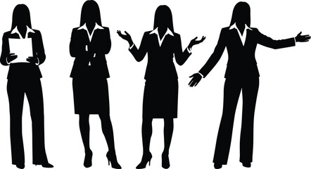 Businesswoman silhouettes in professional poses, confident female leaders presenting, discussing and explaining ideas, corporate teamwork concept isolated on white background