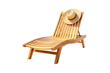 Wooden Lounge Chair with Straw Hat for Outdoor Relaxation