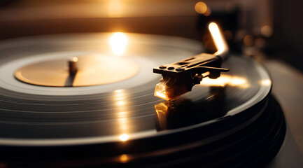 A close-up of a vintage vinyl record player capturing the intricate details of the spinning record and the needle, evoking nostalgia and warmth.