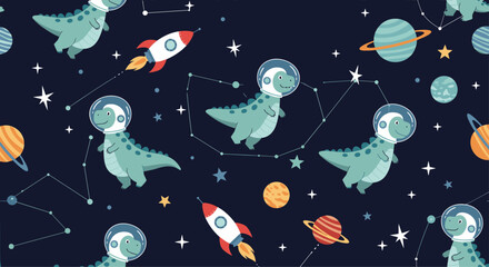 Imaginative seamless pattern of green astronaut dinosaurs floating among rockets, planets, stars, and constellations on dark blue.