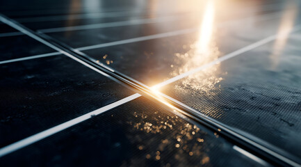 Close-up image of a modern solar panel surface, highlighting the intricate design and reflective elements in a futuristic lighting environment.