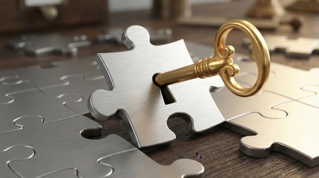 Golden key unlocking metallic puzzle piece, symbolizing business strategy, innovation solution, and data security integration concept