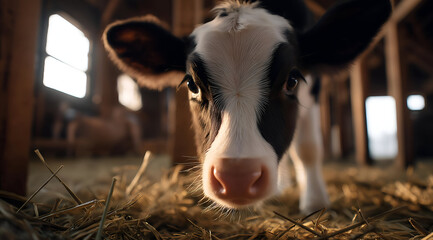 A curious calf explores its surroundings in a cozy barn filled with straw. The gentle eyes and playful demeanor make it a delightful sight.