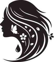 Floral woman silhouette vector in black and white with flowing hair, butterfly, leaves, and teardrop accent