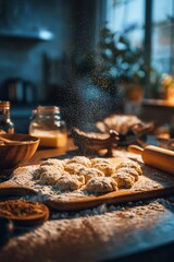 Stock photo of Baking cookies in kitchen with flour