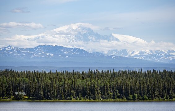 Lake Willow Lake, taiga landscape with high glaciated mountain peak Mount Sanford, Wrangell Mountains, Alaska, USA