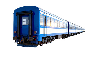 Obraz premium Blue and White Passenger Train on White Background