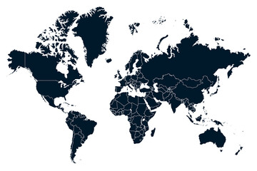 Detailed Dark Navy World Map with Country Borders on White Background