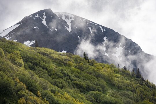 Fog sweeps around mountain peaks, Slaughter Ridge Trail, Cooper Landing, Kenai Peninsula, Alaska, USA