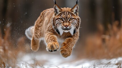 Obraz premium Wildcat leaps through winter forest