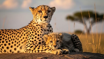 Cheetah mother and cub in savanna landscape