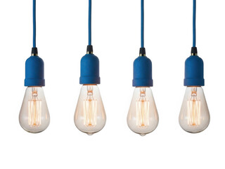 Four blue pendant lights with bulbs isolated on transparent background