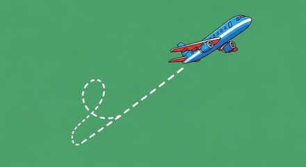 Airplane flying with dotted line on green background.