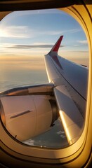 Airplane Wing View at Sunset - A Journey Above the Clouds.