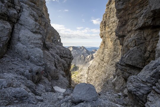 View from the Bocca degli Armi Bridge, access to the Via Ferrata Bocciere Centrale via ferrata, Brenta Mountains, Brenta-Adamello Natural Park, Trentino, Italy