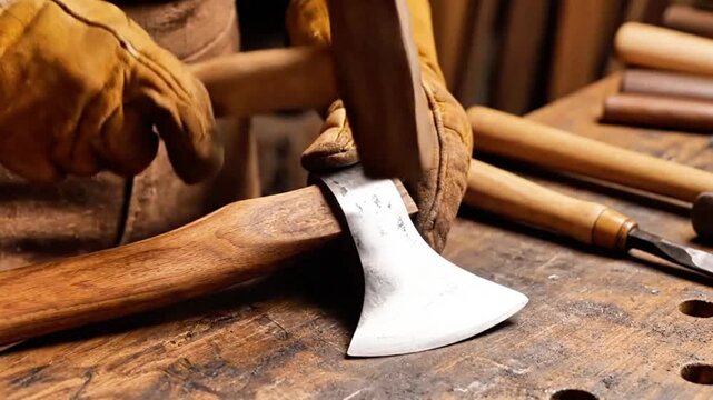 Vintage axe head restoration with wooden handle.