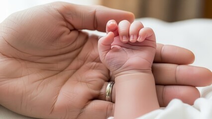 Parent holding newborn's hand on soft white background