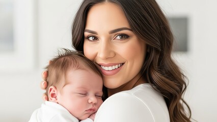 Smiling woman holding baby on white background